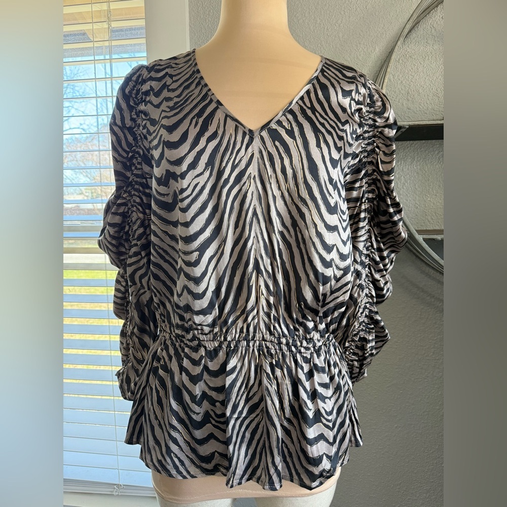 Caballero Animal Zebra Print Cinch Waist‎ Blouse Size Large Statement Sleeves